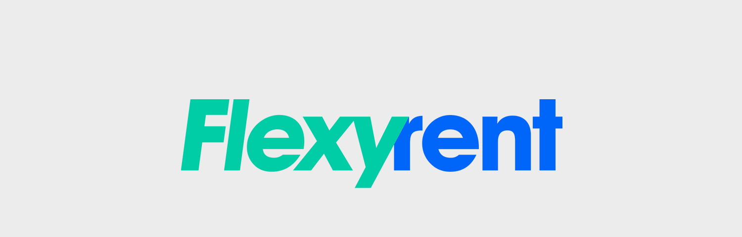 Flexyrent logotipas – vizualinio identiteto kūrimas „Flexyrent“ logotipas šviesiai pilkame fone – žalia pasvirusi „Flexy“ ir mėlyna „rent“ pavadinimo dalis.