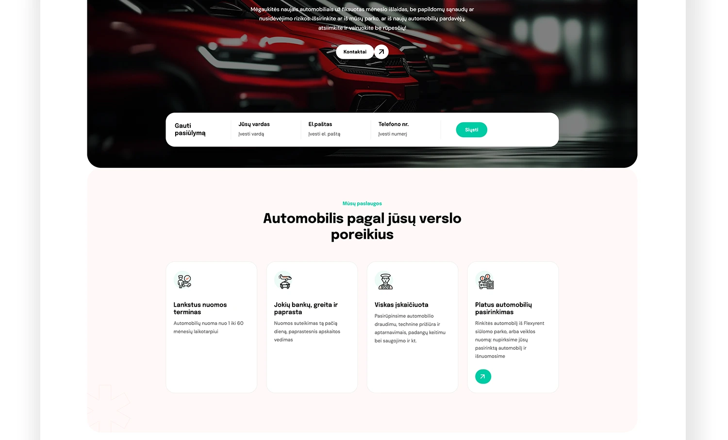 Flexyrent svetainės dizainas – automobilių nuoma verslui „Flexyrent“ svetainės skilties apie automobilių nuomą verslui dizainas.