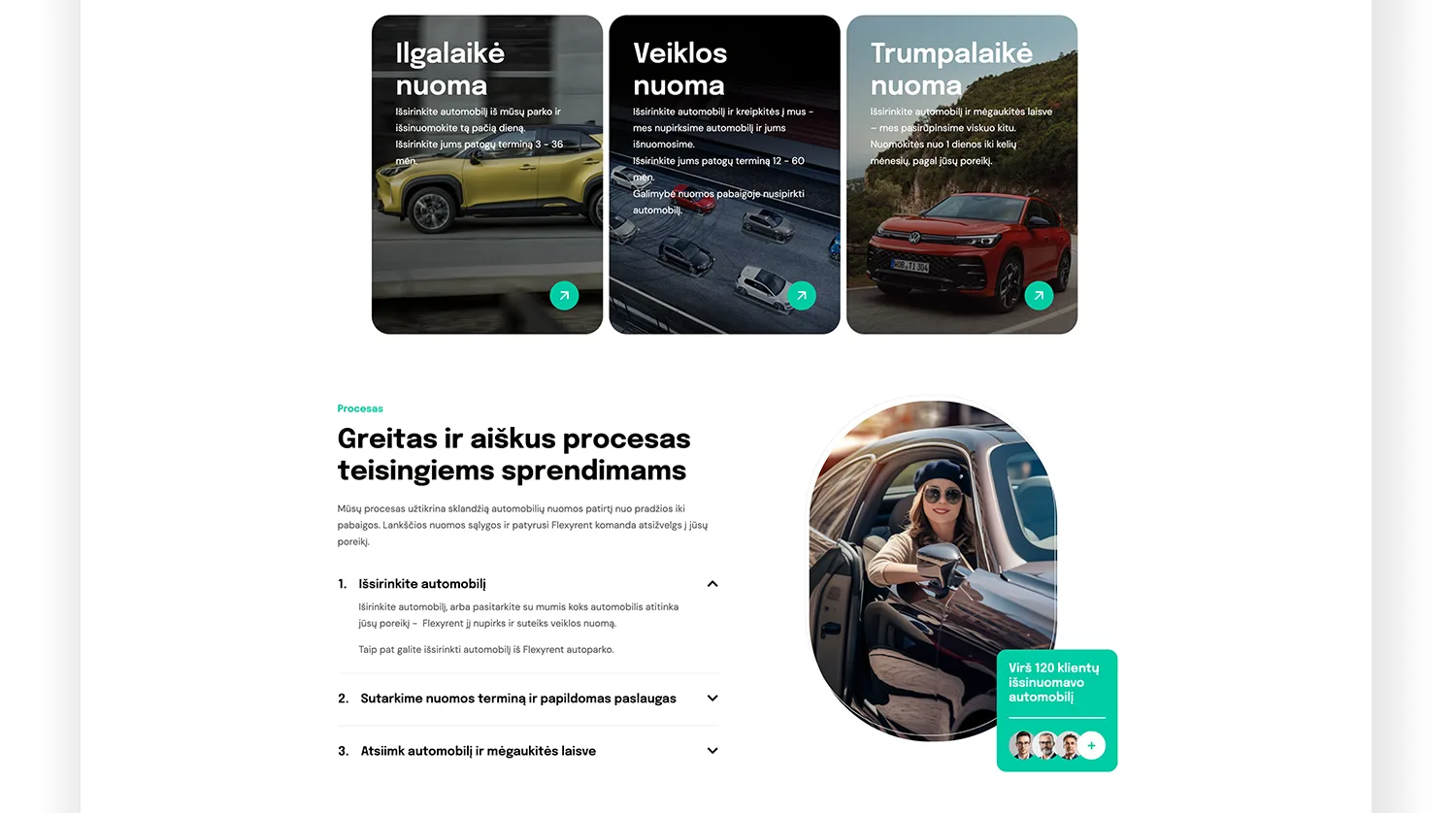 Flexyrent svetainės dizainas – nuomos paslaugos „Flexyrent“ svetainės dizaino fragmentas, pristatantis automobilių nuomos paslaugas.