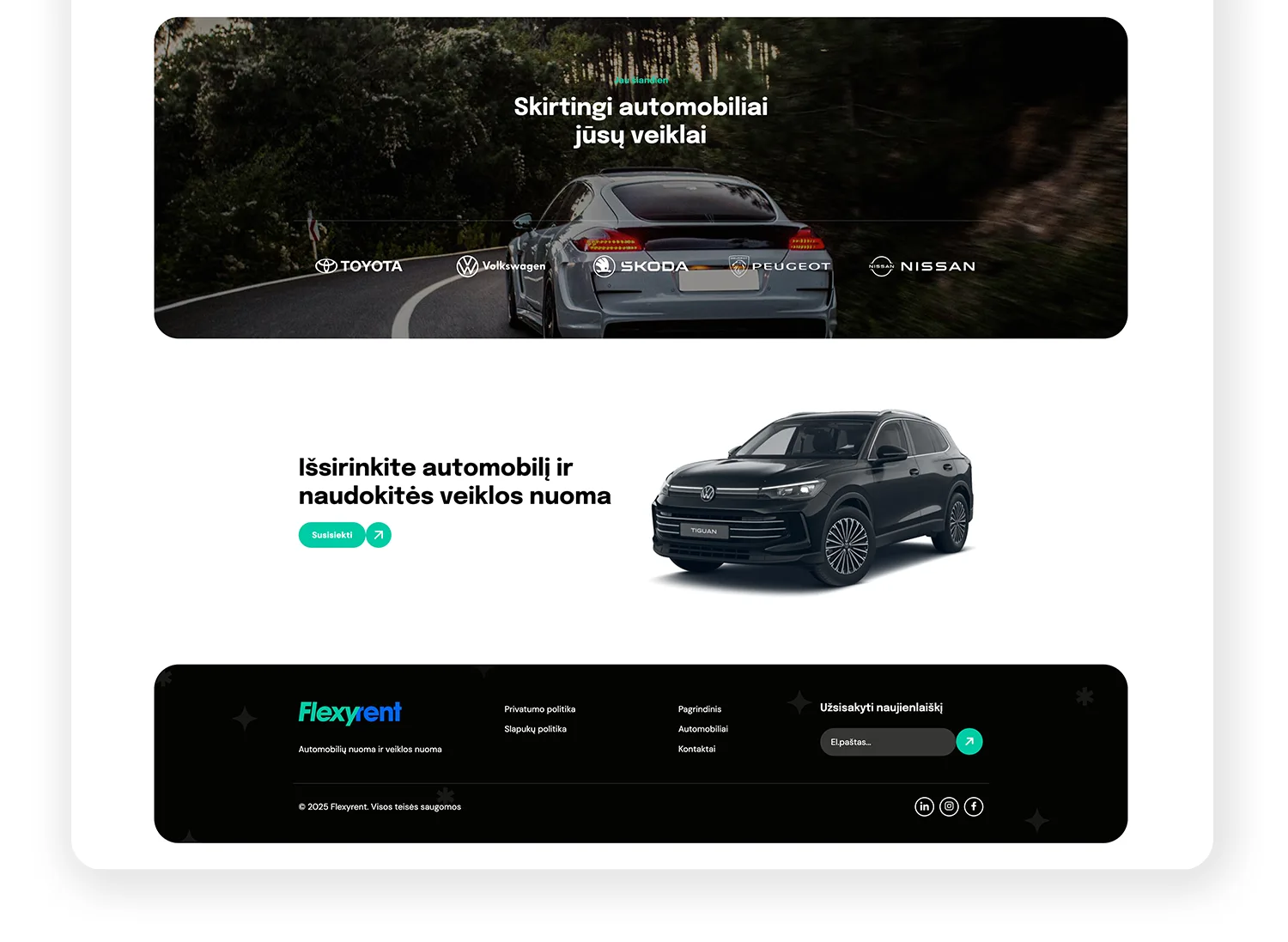 Flexyrent svetainės dizainas – automobilių pasirinkimas „Flexyrent“ svetainės automobilių pasirinkimo skilties dizainas.